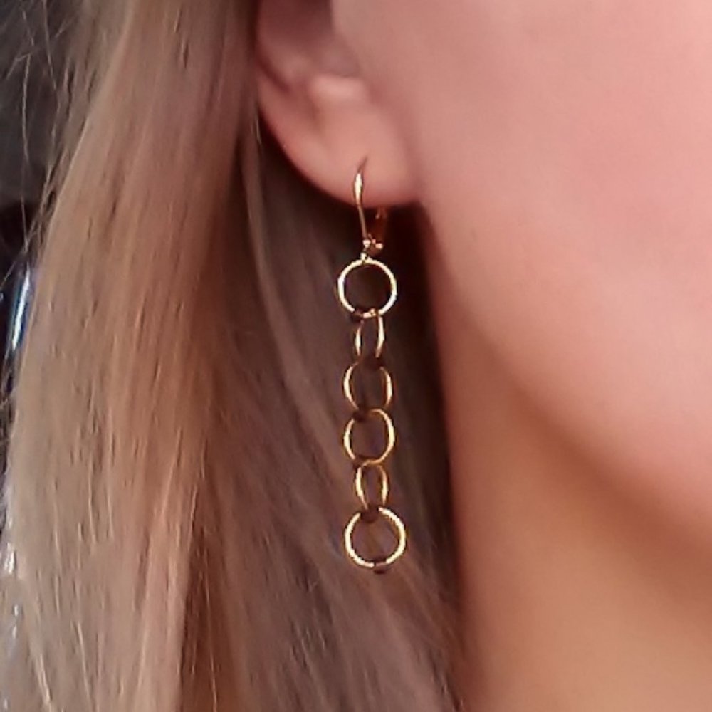 Gold and Brown Circle Dangle Earrings/ Long Gold Earrings/ Hippie Boho Earrings